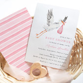 Watercolor Stork Pink Girl Baby Shower 招待状