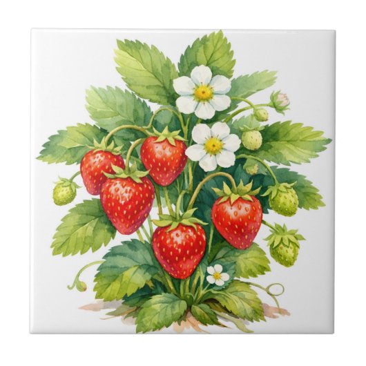 Watercolor Strawberries and Berry Blossom  タイル (正面)