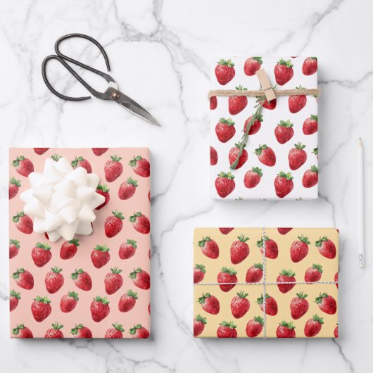 Watercolor Strawberries Fruit Pattern  ラッピングペーパーシート (正面)