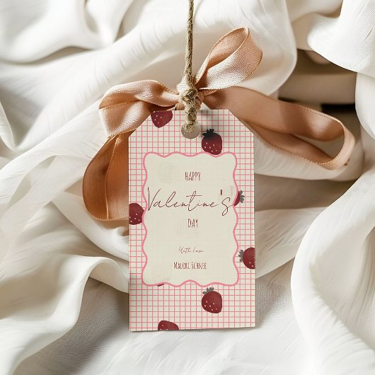 Watercolor Strawberries on Pink Grid- Valentine ギフトタグ