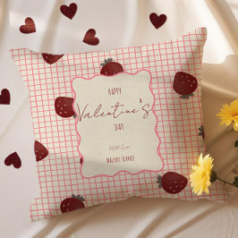 Watercolor Strawberries on Pink Grid- Valentine クッション
