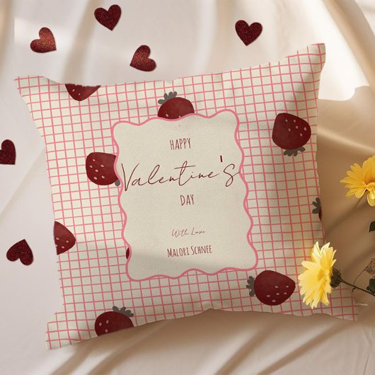Watercolor Strawberries on Pink Grid- Valentine クッション