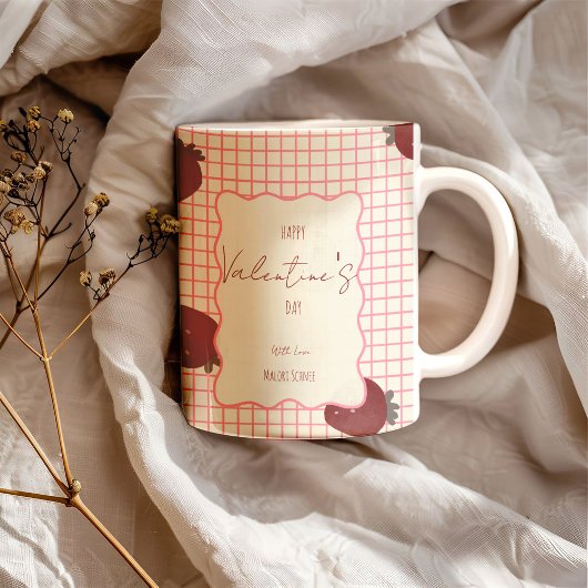 Watercolor Strawberries on Pink Grid- Valentine ツートーンマグカップ