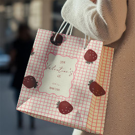 Watercolor Strawberries on Pink Grid- Valentine ミディアムペーパーバッグ