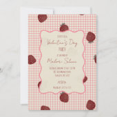 Watercolor Strawberries on Pink Grid- Valentine 招待状 (正面)