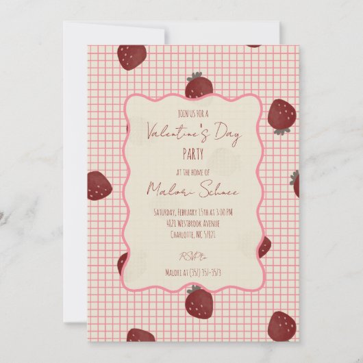 Watercolor Strawberries on Pink Grid- Valentine 招待状 (正面)