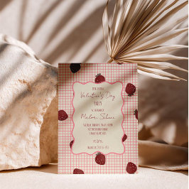 Watercolor Strawberries on Pink Grid- Valentine 招待状