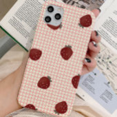 Watercolor Strawberries on Pink Grid - Valentine iPhoneケース