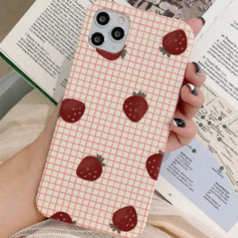 Watercolor Strawberries on Pink Grid - Valentine iPhone 16 Proケース