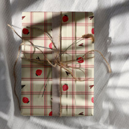 Watercolor Strawberries on Pink Plaid – Valentine ラッピングペーパーシート