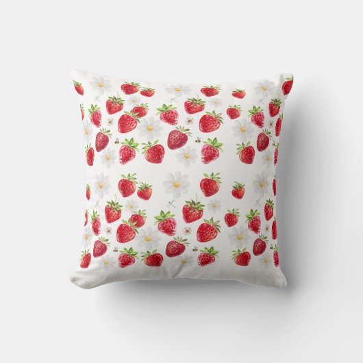 Watercolor Strawberry and Daisy Floral Pattern クッション (正面)