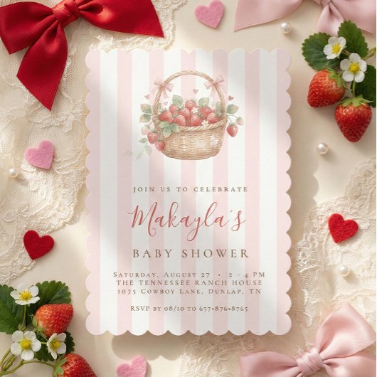 Watercolor Strawberry Berry Sweet Girl Baby shower 招待状