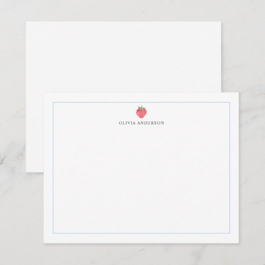 Watercolor Strawberry Blue Border Personalized ノートカード (正面/裏面)
