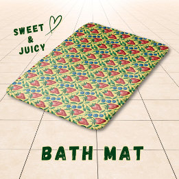 Watercolor Strawberry Blueberry Pattern on Yellow バスマット