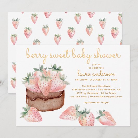 Watercolor Strawberry Cake Berry Sweet Baby Shower 招待状 (正面/裏面)