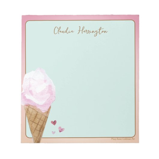 Watercolor Strawberry Ice Cream Mint Green ノートパッド (正面)