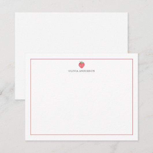 Watercolor Strawberry Red Border Personalized ノートカード (正面/裏面)