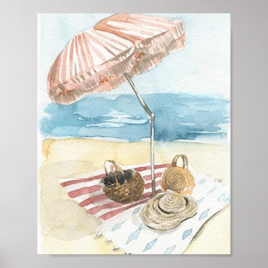 Watercolor Striped Beach Umbrella ポスター (正面)