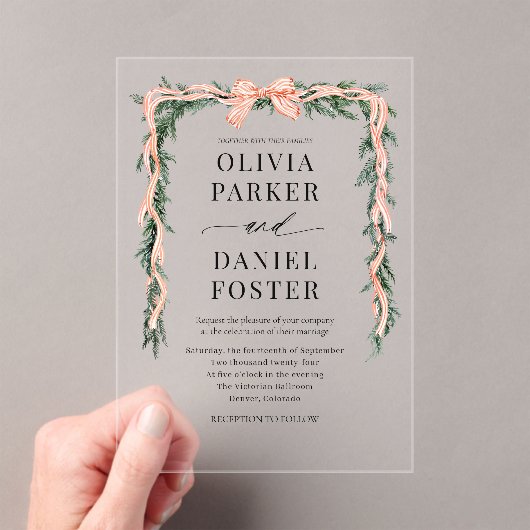 Watercolor Striped Red Bow Christmas Greenery アクリル招待状 (インサイチュ (ポータブル))