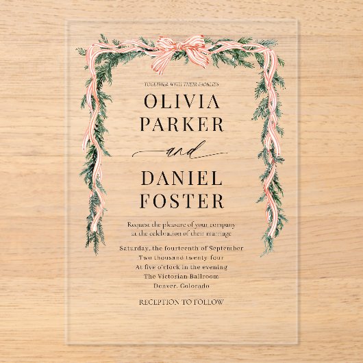 Watercolor Striped Red Bow Christmas Greenery アクリル招待状 (正面)