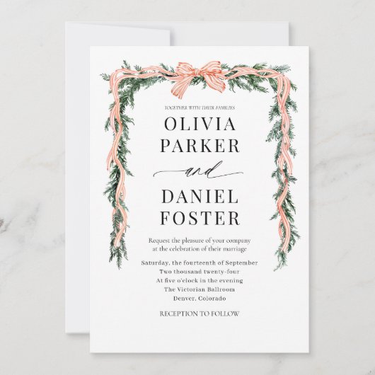 Watercolor Striped Red Bow Christmas Greenery 招待状 (正面)