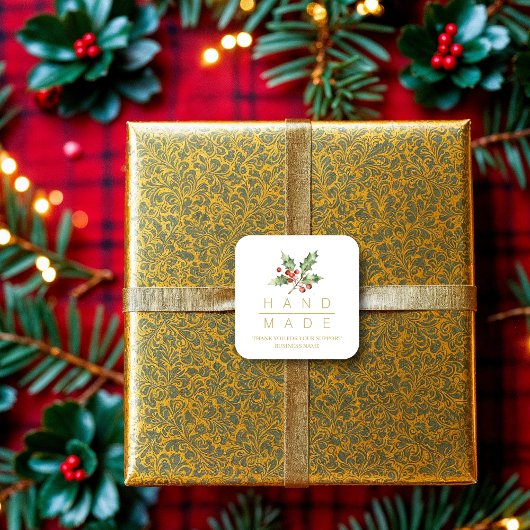 Watercolor Style Holly Branches Handmade Quote スクエアシール