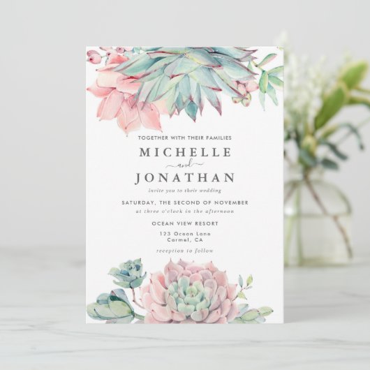 Watercolor Succulent Coastal Wedding Invitation 招待状 (スタンド正面)