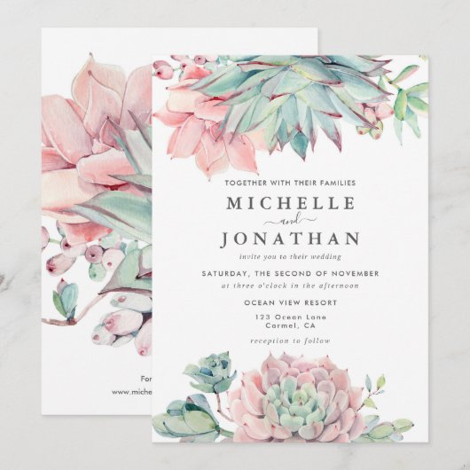 Watercolor Succulent Coastal Wedding Invitation 招待状 (正面/裏面)