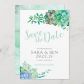 Watercolor Succulent Save the Date(水色の多汁性の保存日) 招待状 (正面/裏面)