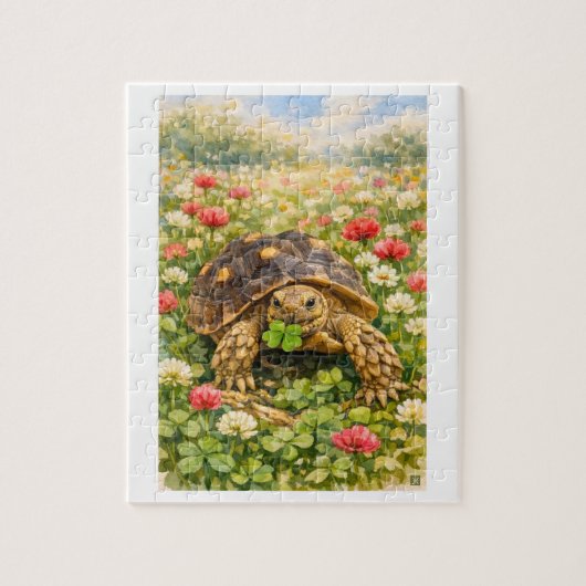 Watercolor Sulcata Tortoise with lucky clover ジグソーパズル (縦)