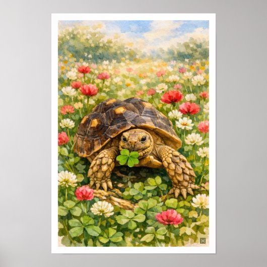 Watercolor Sulcata Tortoise with lucky clover ポスター (正面)