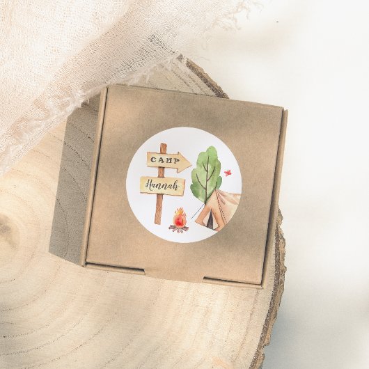 Watercolor Summer Camping Girls Birthday Party ラウンドシール