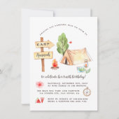 Watercolor Summer Camping Girls Birthday Party 招待状 (正面)