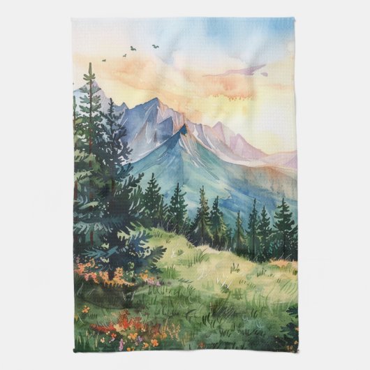 Watercolor Summer Mountain キッチンタオル (縦)