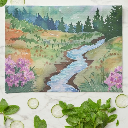 Watercolor Summer Mountain キッチンタオル (折り畳み)