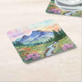 Watercolor Summer Mountain スクエアペーパーコースター (アングル)