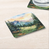 Watercolor Summer Mountain スクエアペーパーコースター (アングル)