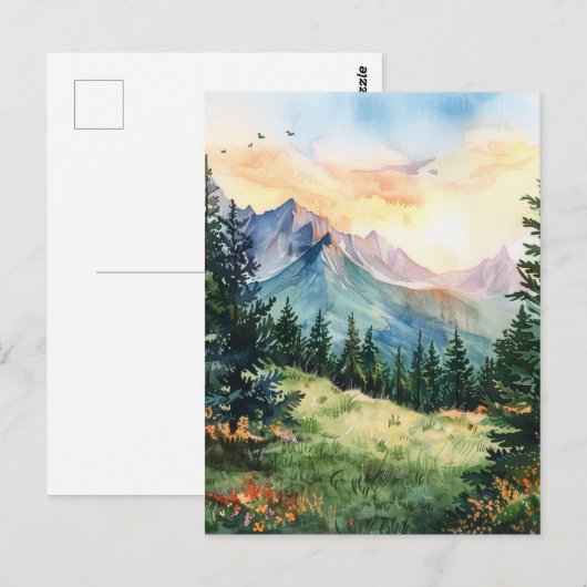 Watercolor Summer Mountain ポストカード (正面/裏面)