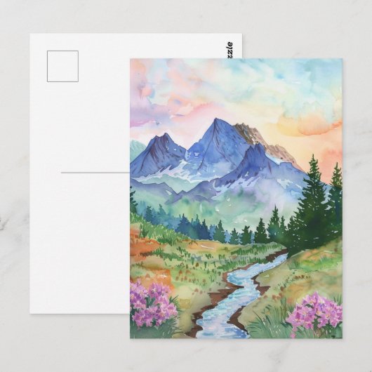 Watercolor Summer Mountain ポストカード (正面/裏面)