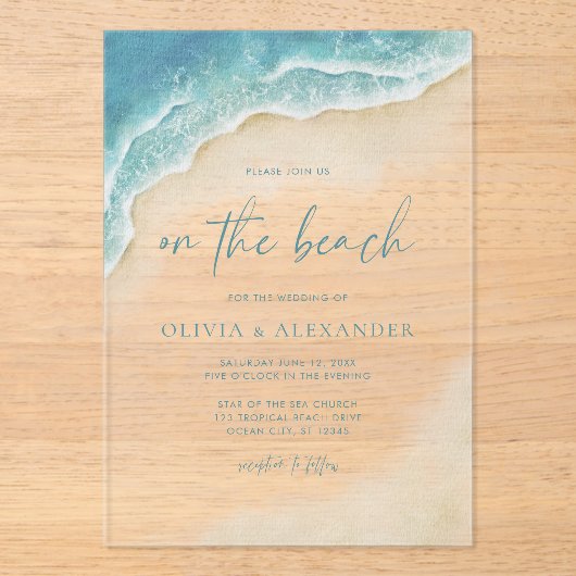 Watercolor Summer On The Beach Wedding アクリル招待状 (正面)