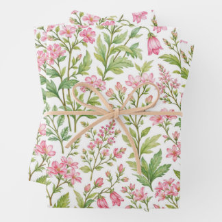 Watercolor Summer Pink Flowers with Green Leaves ラッピングペーパーシート