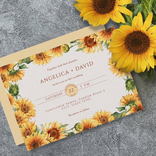 Watercolor Sunflower Border Wedding Invitation 招待状