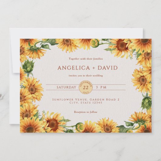Watercolor Sunflower Border Wedding Invitation 招待状 (正面)