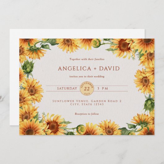 Watercolor Sunflower Border Wedding Invitation 招待状 (正面/裏面)