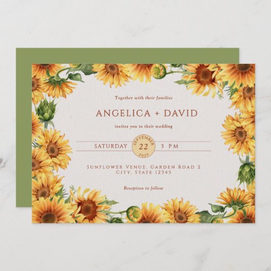 Watercolor Sunflower Border Wedding Invitation 招待状 (正面/裏面)