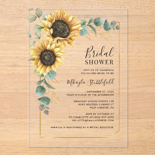 Watercolor Sunflower Floral Bridal Shower アクリル招待状 (正面)
