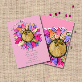 Watercolor Sunflower Floral Pink & Purple Birthday 招待状