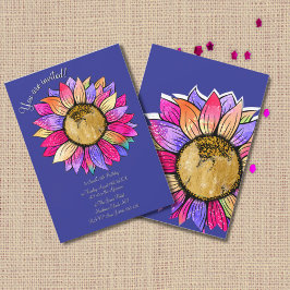 Watercolor Sunflower Floral Purple & Pink Birthday 招待状