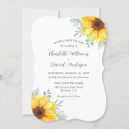 Watercolor Sunflower Greenery Wedding 招待状 (正面)