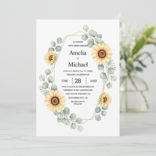 Watercolor Sunflower Note Paper Background 招待状 (スタンド正面)